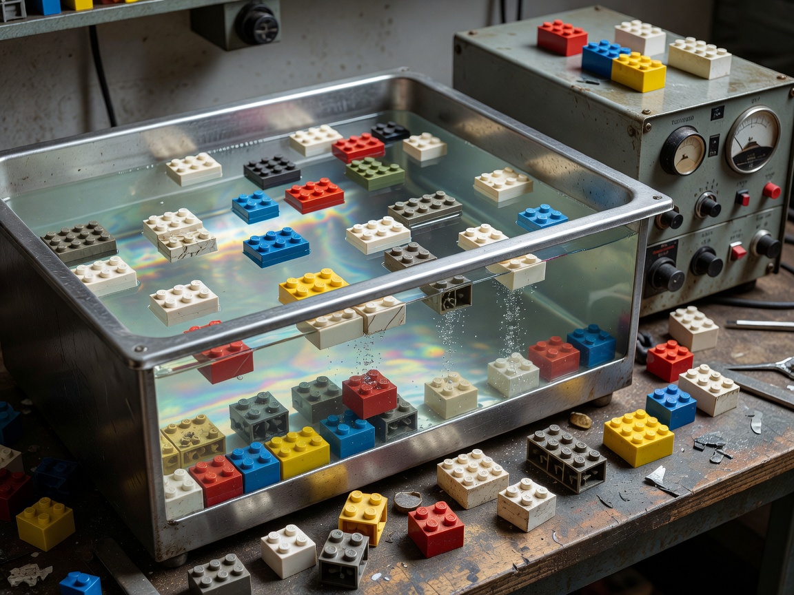 Chemical cleaning bath and ultrasonic equipment with disassembled vintage plastic bricks