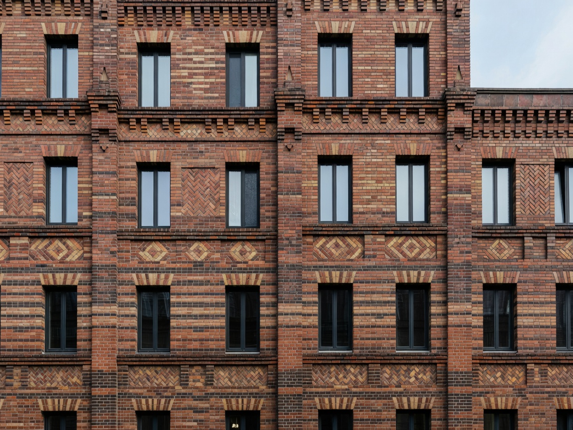 Detailed facade of modular brick city buildings showing intricate architectural brickwork