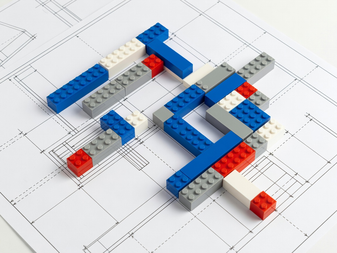 Detailed geometric arrangement of plastic construction bricks on engineering blueprints