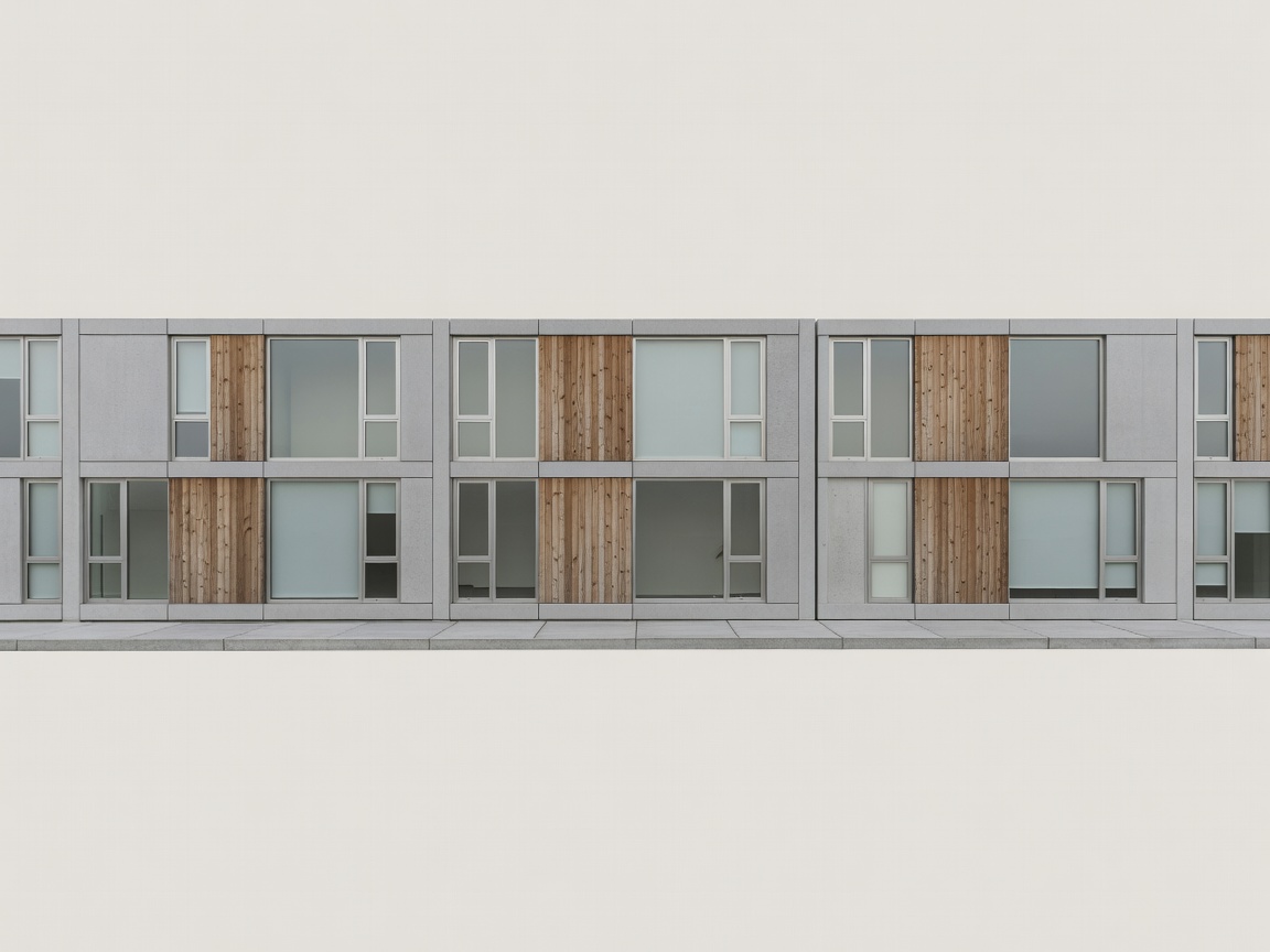 Elevation view of connected modular building facades showing sidewalk alignment