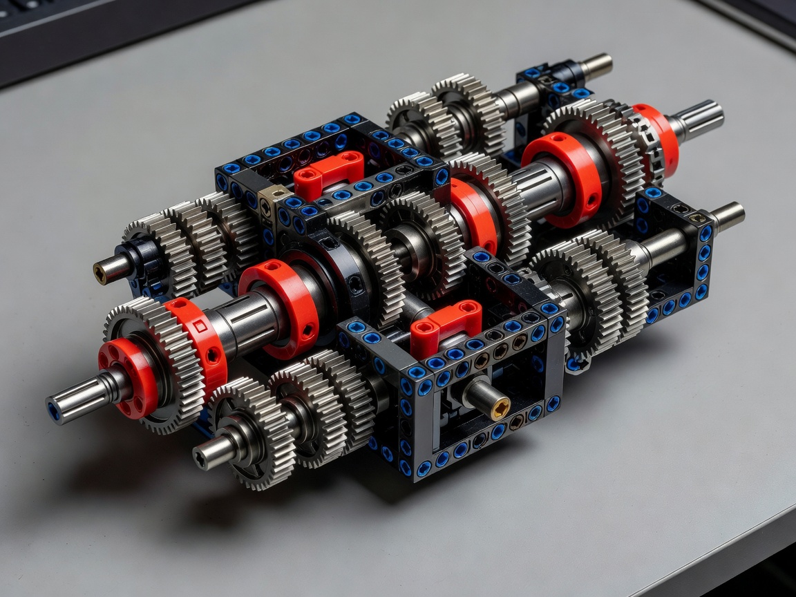 Exposed high-torque Technic gearbox assembly showing red driving rings and bevel gear clusters