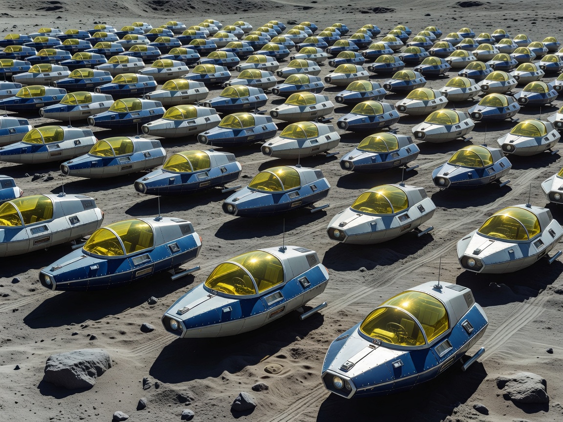 Fleet of classic blue and light grey space vessels with transparent yellow canopies on simulated lunar terrain