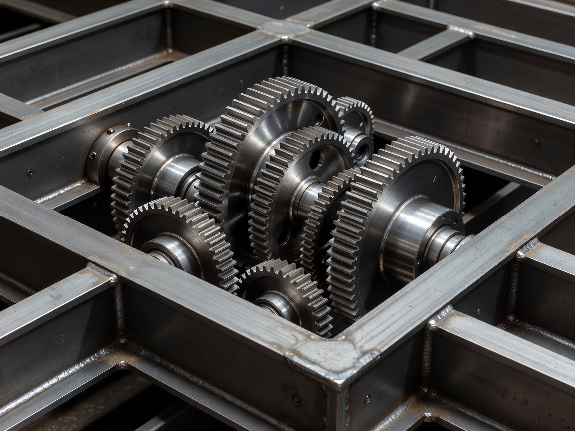 Intermeshed bevel and spur gears inside a technical beam framework