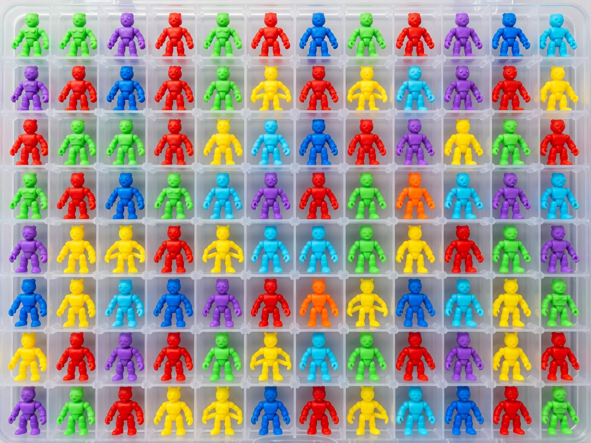 Organized compartment storage box containing colorful miniature articulated figures