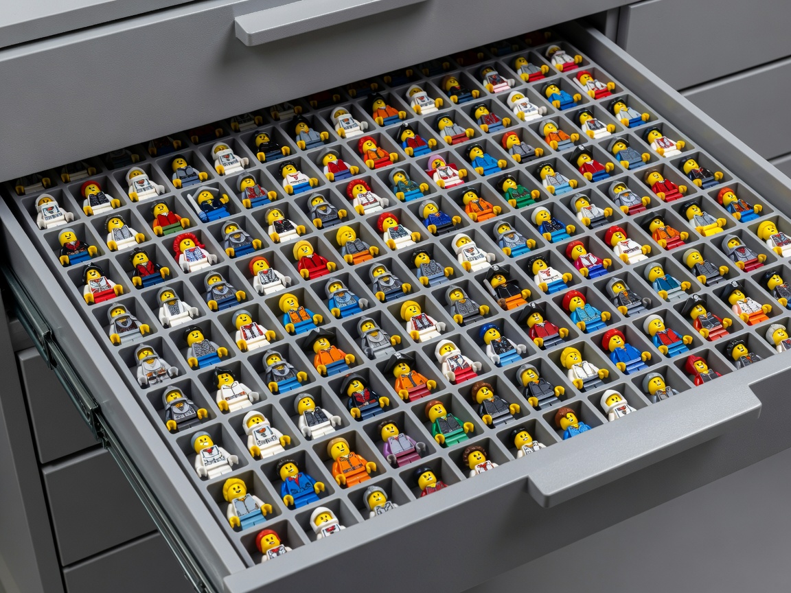 Precision compartment storage drawer displaying sorted minifigures in individual protective slots