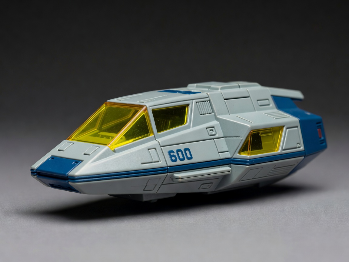 Retro grey and blue space vehicle model with trans-yellow windscreens