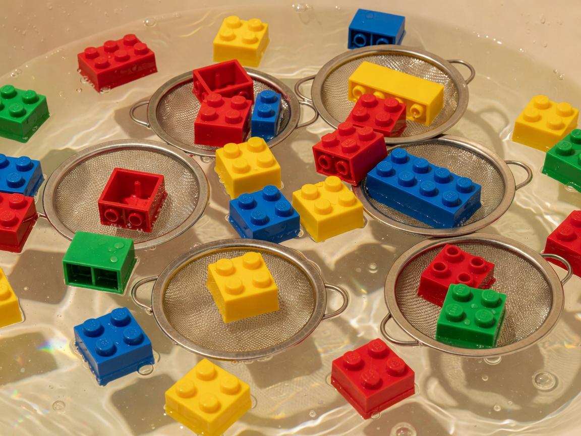 Submerged disassembled plastic bricks in a clear warm surfactant bath with mesh drying strainers